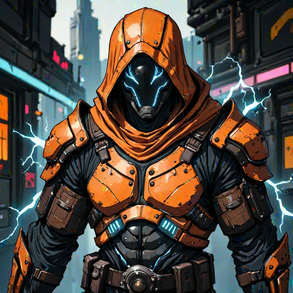 oren-bot-mmxxiv, a digital illustration in a stylized futuristic cyberpunk art style. The subject is a humanoid figure likely a soldier or mercenary dressed in high-tech orange and black armor with glowing blue accents. The armor features a hooded cloak that drapes over the figure's head with the hood pulled up obscuring the face except for the glowing blue visor that covers the eyes giving a robotic or cybernetic appearance. The visor's glow casts a bright ethereal light on the armor highlighting the intricate details and textures.