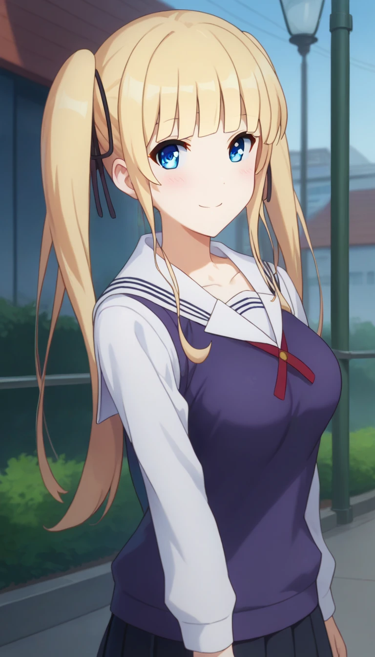 score_9,score_8_up,masterpiece,best quality,correct anatomy,anime_source,1girl,solo,perfect eyes,perfect arms,perfect legs,perfect face,outdoors,upper body,(portrait:1.5),looking at viewer,facing viewer,smile,blush,Sawamura Supensa Eriri,long hair,blonde hair,twintails,hair ribbon,black ribbon,sidelocks,blunt bangs,blue eyes,collarbone,school uniform,sweater vest,purple vest,red ribbon,neck ribbon,white sailor collar,white shirt,long sleeves,medium breasts,miniskirt,black skirt,pleated skirt,zettai ryouiki,black thighhighs,loafers,black footwear,<lora:Sawamura Supensa Eriri(shns)-Pony:1.8>,