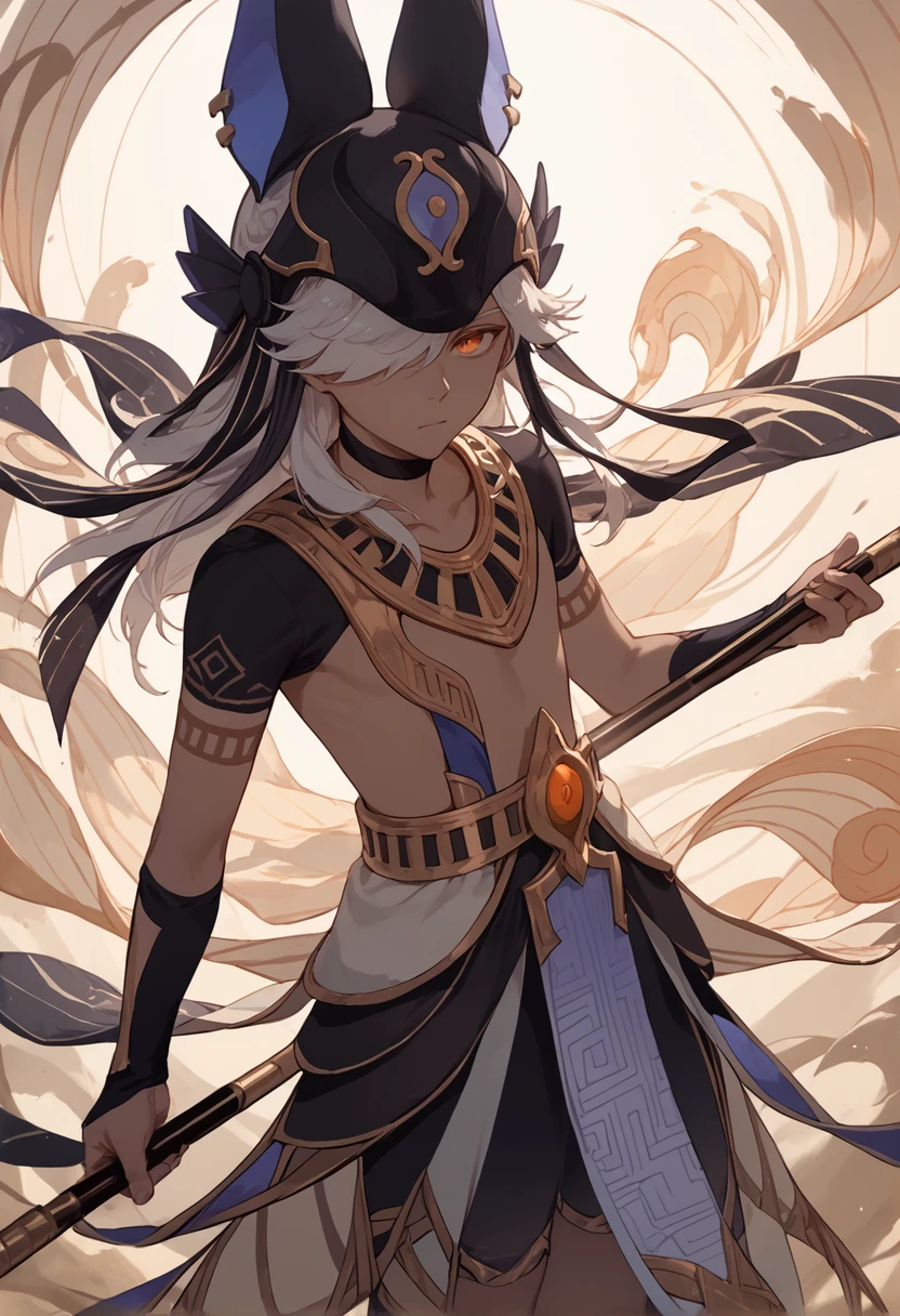 score_9, score_8_up, score_7_up, score_6_up, score_5_up, score_4_up, masterpiece, ultra-detailed, high resolution,

cyno, black choker, long hair, male focus, holding, hair over one eye, animal hat, choker, 1boy, solo focus, closed mouth, animal ears, artist name, jackal ears, hat, black headwear, bangs, short sleeves, looking at viewer, standing, holding polearm, multiple boys