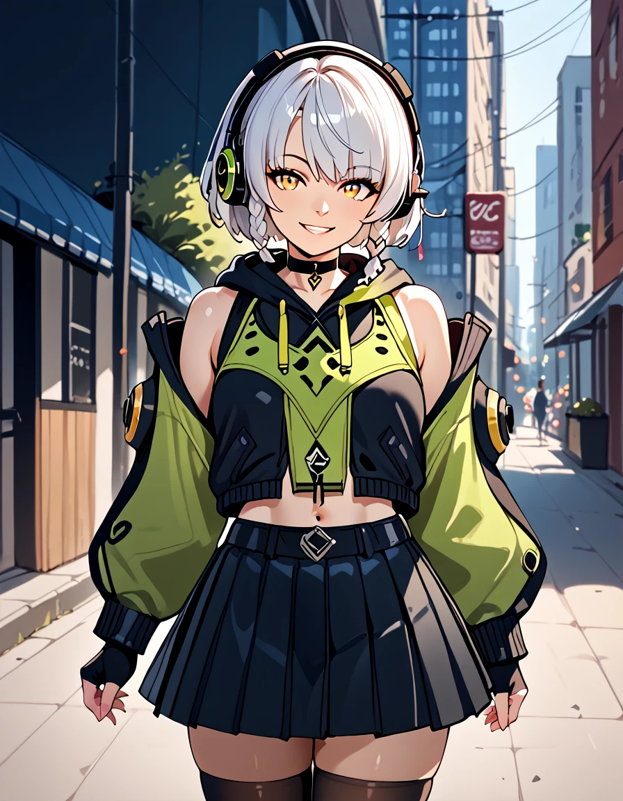 score_9, score_8_up, score_7_up, score_6_up, score_5_up, score_4_up, source_anime   <lora:ZenlessZoneZero:1>, portrait, smile,  anbydemara, yellow eyes, white hair, short hair, braid, headphones, choker, fingerless gloves, black gloves, black thighhighs, pleated skirt, black skirt, midriff, navel,