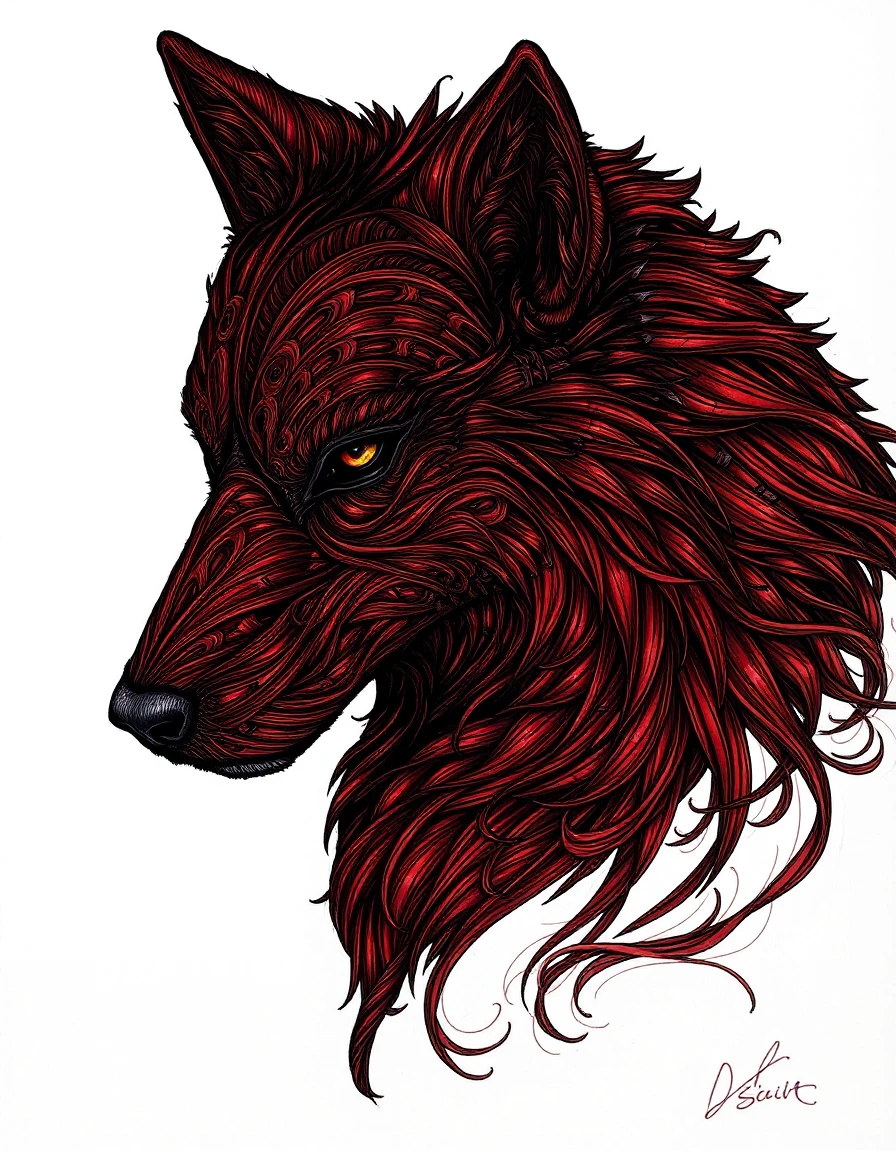 DarkDisciple, A digital drawing created in a detailed, highly stylized manner, depicting a werewolf. The werewolf is portrayed from the shoulders up, focusing on its head and upper body. The artwork is rendered in intricate, swirling patterns of dark brown and reddish hues, giving the fur a textured, almost three-dimensional appearance. The werewolf's fur is depicted with intricate, swirling lines that create a sense of depth and movement, suggesting a wild, untamed nature.