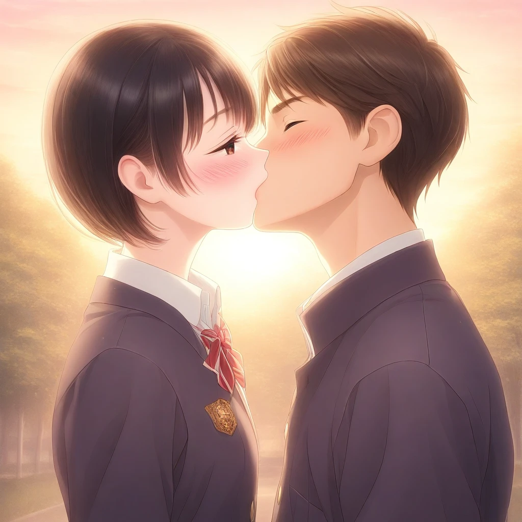 kiss on lips, 1girl, blush, short hair, brown hair, black hair, 1boy, brown eyes, school uniform, closed eyes, upper body, hetero, outdoors, kiss,