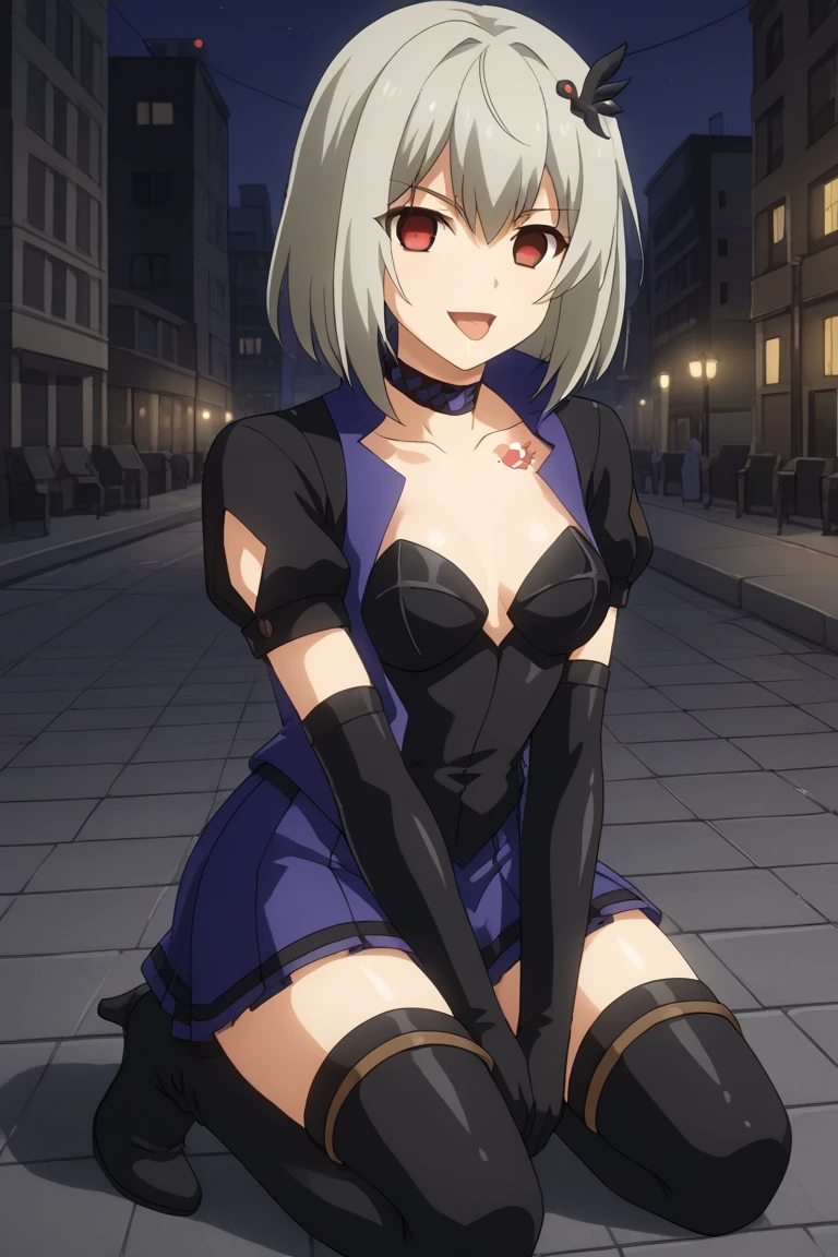 1girl, solo, evilshirleyanime, saorianime, magical girl, dark persona, grey hair, short hair, hair ornament, red eyes, empty eyes, choker, collarbone, tattoo, vest, puffy short sleeves, elbow gloves, black shirt, skirt, boots, thigh boots, heels, high heel boots, outdoors, city, night, street, full body, open mouth, smile, tongue out, seductive pose, kneeling, floor, looking at viewer, facing_viewer 