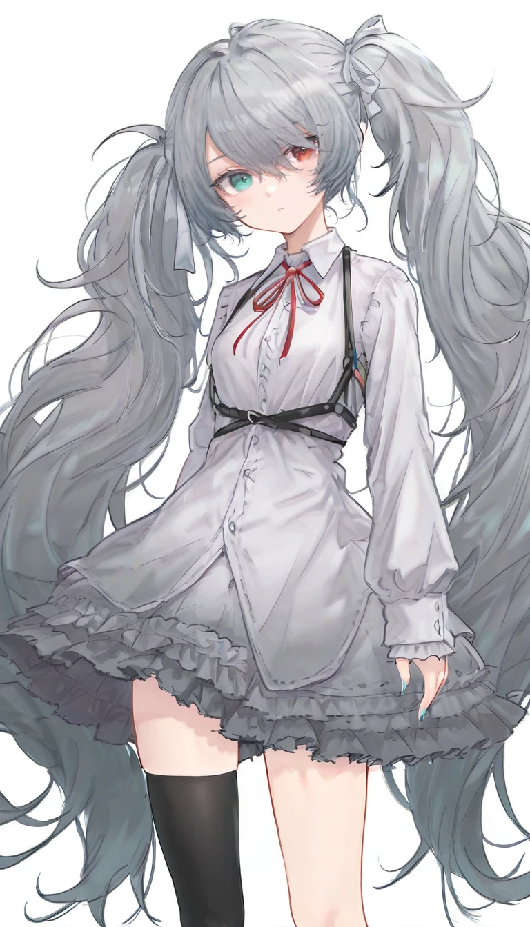 1girl, solo, cowboy_shot, twintails, grey_hair, heterochromia, aqua_eyes, red_eyes, neck_ribbon, chest_strap, single_thighhigh, newest, masterpiece, best quality, very aesthetic, absurdres, highres <lora:deal360acv illustrious 006:0.2> <lora:25ji-miku20:1>