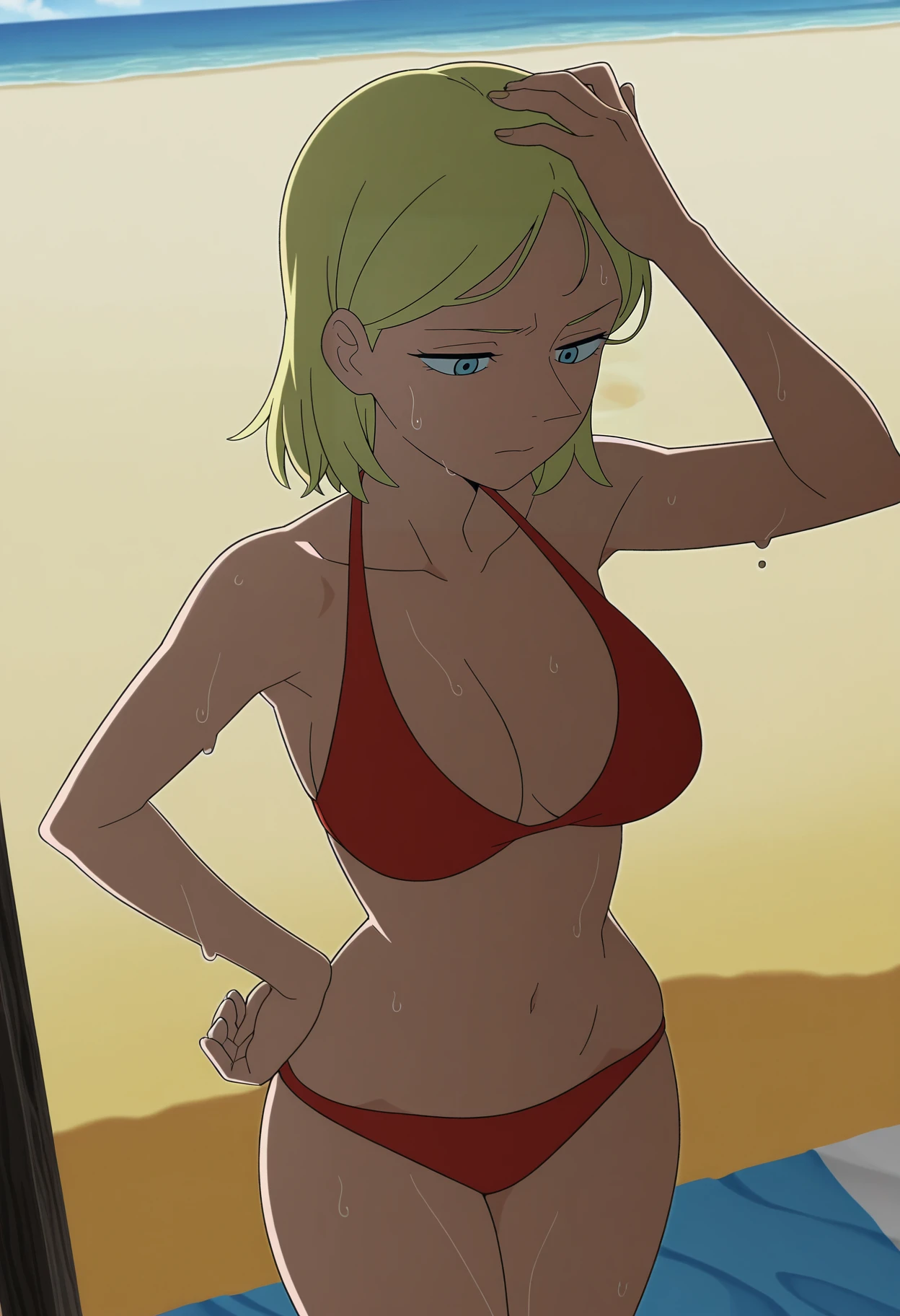 1girl,solo,mm,mature female,blonde hair,blue eyes,breasts,anime coloring,
short hair,bikini,sweat,hand on own head, wet,hot,cowboy shot, hand on own hip, beach,outdoors
,masterpiece,best quality,amazing quality,<lora:Queen_Hiling-Ranking_of_Kings ix:0.8>
