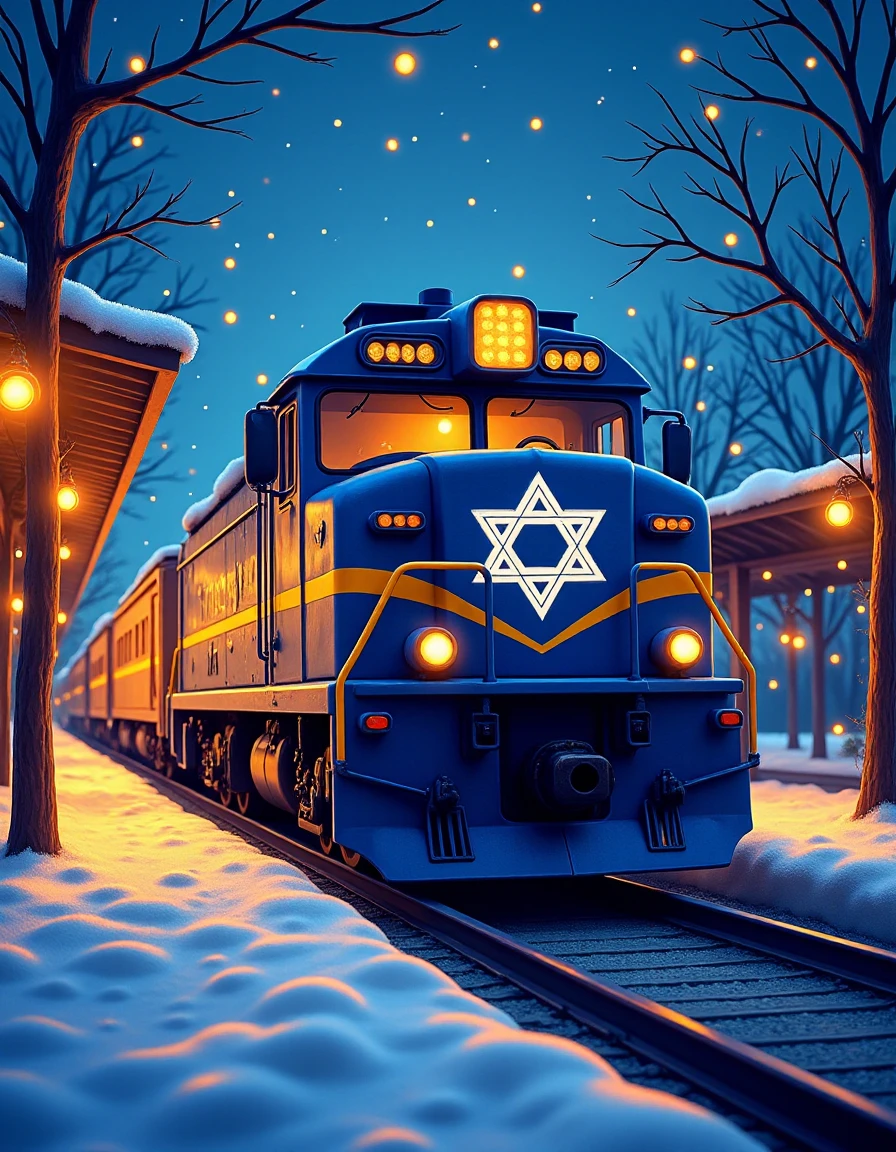 <lora:hanukkahcolors:1> hanukkahcolors, train pulling into a station