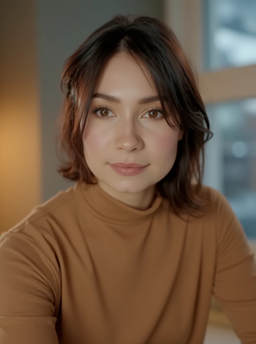 portrait of al3j4st0rm woman, posing on a office, serene and warm, natural lighting, soft focus, high-resolution, elegant and introspective atmosphere, quiet sophistication, wearing a turtleneck yarn blouse, slight smile

