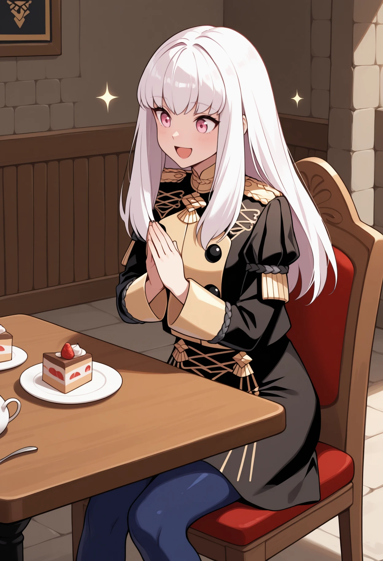 masterpiece, best quality, feet out of frame, solo, 1girl, lytdef, :d, looking at food, sitting, chair, own hands together, long hair, white hair, pink eyes, garreg mach monastery uniform, black jacket, epaulettes, buttons, juliet sleeves, black skirt, blue pantyhose, indoors, table, plate, cake, sparkle
<segment:yolo-Anzhc Face seg 640 v2 y8n.pt,0.4,0.5//cid=1>