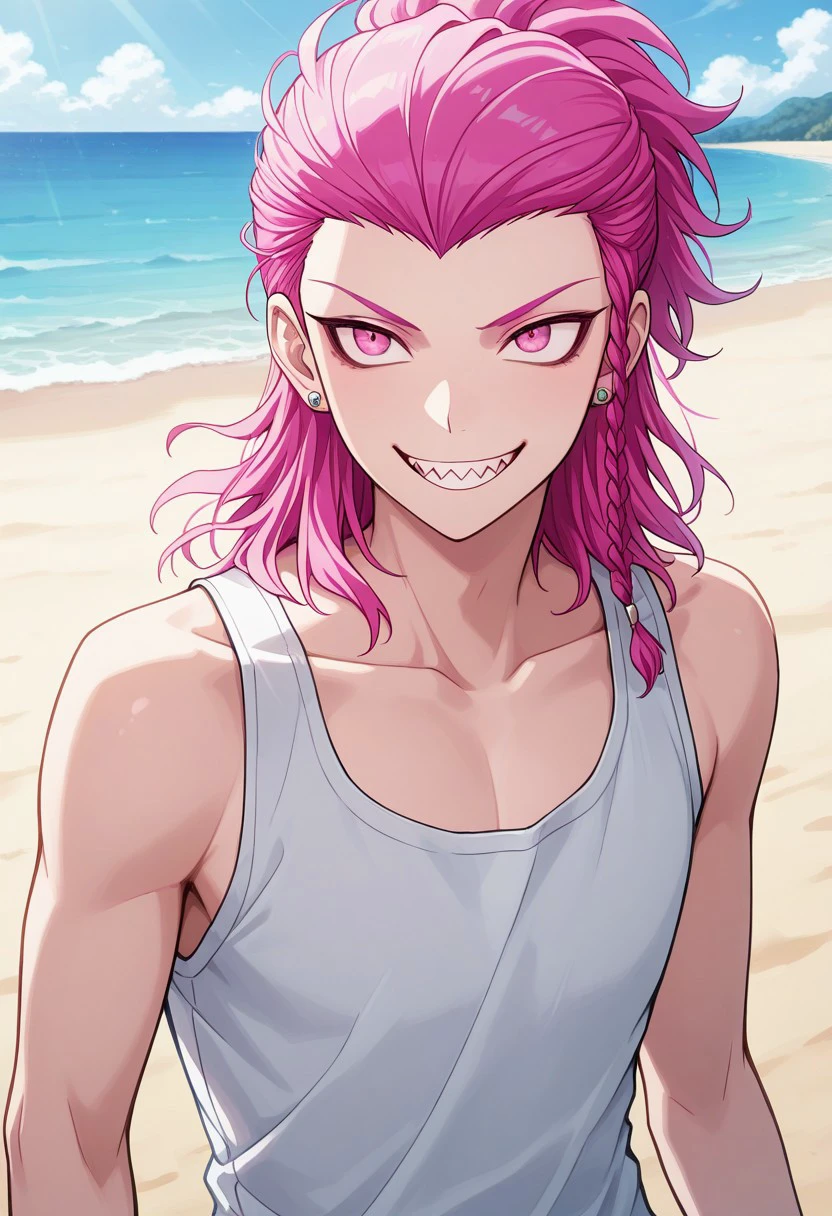 masterpiece, best quality, 
weslie, 1boy, male focus, solo, pink eyes, pink hair, medium hair, braid, side braid, bangs, jewelry, earrings, collarbone, tank top, white tank top, smile, sharp teeth, 
outdoor, sky, beach,