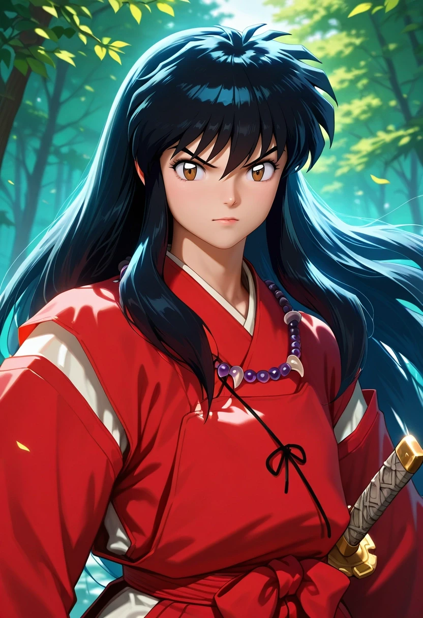 masterpiece, best quality, intricate details, (photorealistic:0.6), looking at viewer, , 1boy, solo, male focus, <lora:inuyasha_ilxl:0.92>, inuyasha, black hair, brown eyes, long hair, , weapon, sword, katana, , , , , timber costume