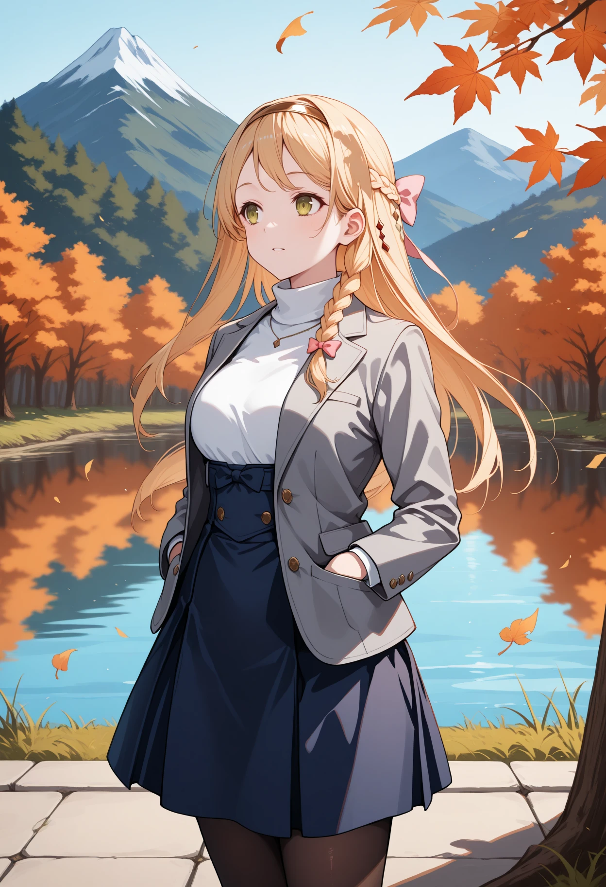 masterpiece, best quality, 1girl, solo, KlaudiaValentz, long hair, side braid, hairband, hair bow, white bow, pink bow, looking to the side, grey blazer, white turtleneck, high-waist skirt, blue skirt, pantyhose, hands in pocket, outdoors, autumn, lake, tree, mountain, falling leaves, wind, <lora:ChamKlaudiaValentzIllustriousXL:1>