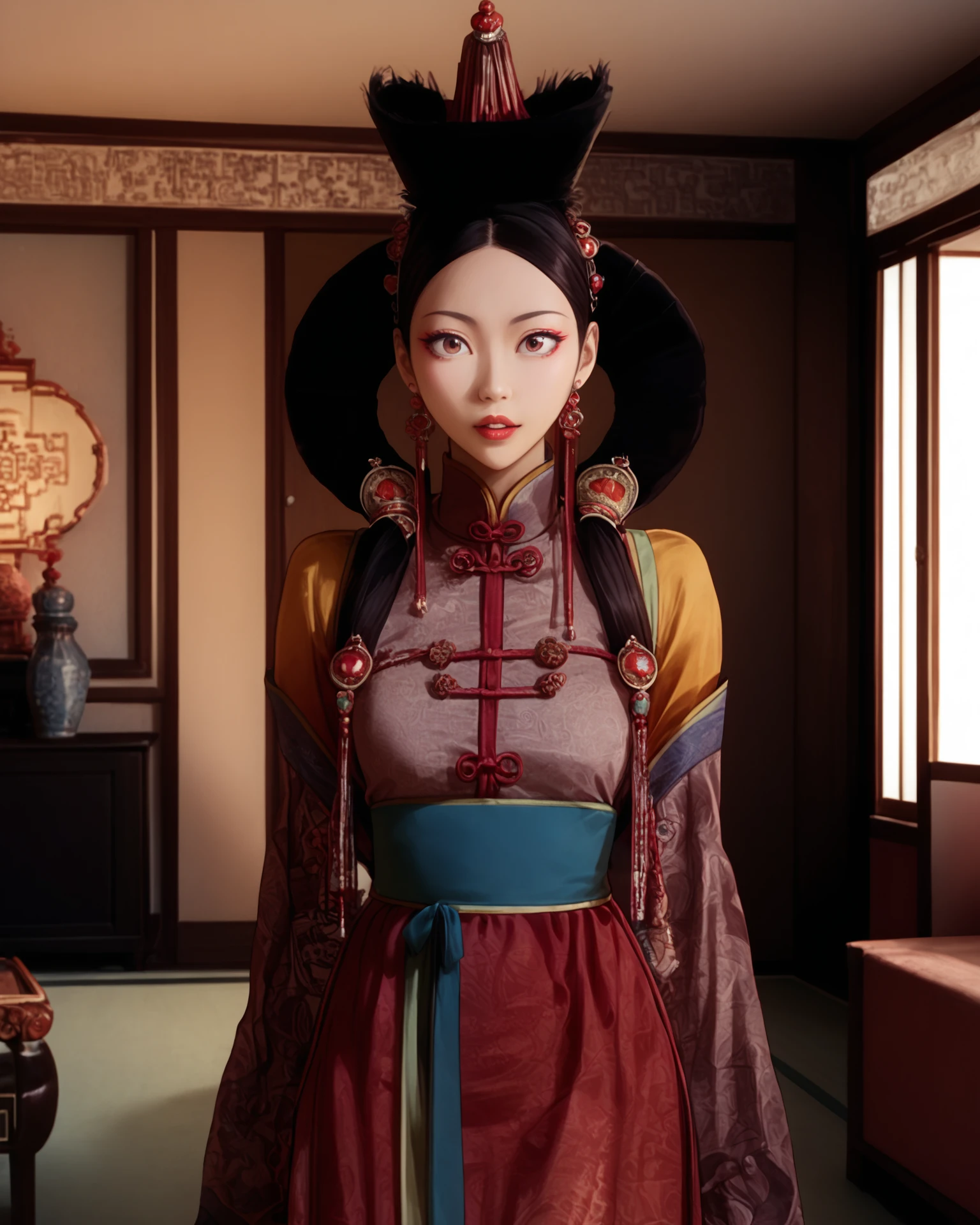 1girl, monfa, waist-up, asian room interior, anicient chinese living room, masterpiece, highest quality, absurdres, digital art, very detailed, score_9, score_8_up, score_7_up, <lora:MongolianFashion_XL:1.2>,   <lora:[pony]Sunagawa Tara:1> sunagawa tara, serene