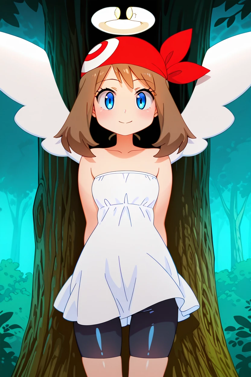 masterpiece, best quality, 1girl, solo, eyelashes, (beautiful eyes),   zzMay, may (pokemon), brown hair, blue eyes, medium hair, red bandana, <lora:MayPokemonIXL_v2:1.0>,   Crimvael, solo, dress, bare shoulders, wings, shorts, white dress, tree, strapless, halo, black shorts, bike shorts, strapless dress, angel wings, angel, shorts under dress,   smile, looking at viewer,  <lora:Ishuzoku_Reviewers_IXL:1.0>,