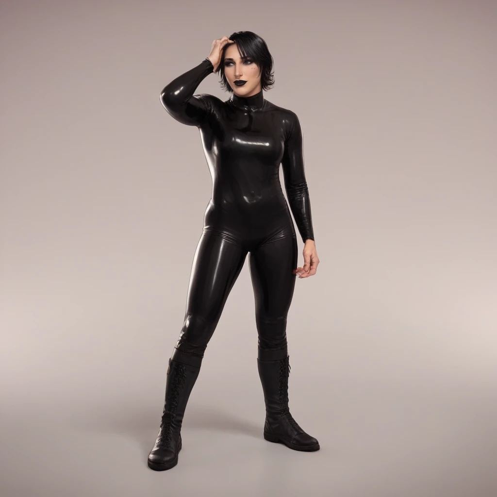 score_9, score_8_up, score_7_up,  <lora:Rhea_Ripley_v2:1>, rh3ar1pley, 1girl, solo, realistic, black hair, short hair, black eyes, black lips, lips, makeup, facial mark, breasts, full body, fullbody suit, latex, looking to the side, hand on own head, boots, black footwear, simple background