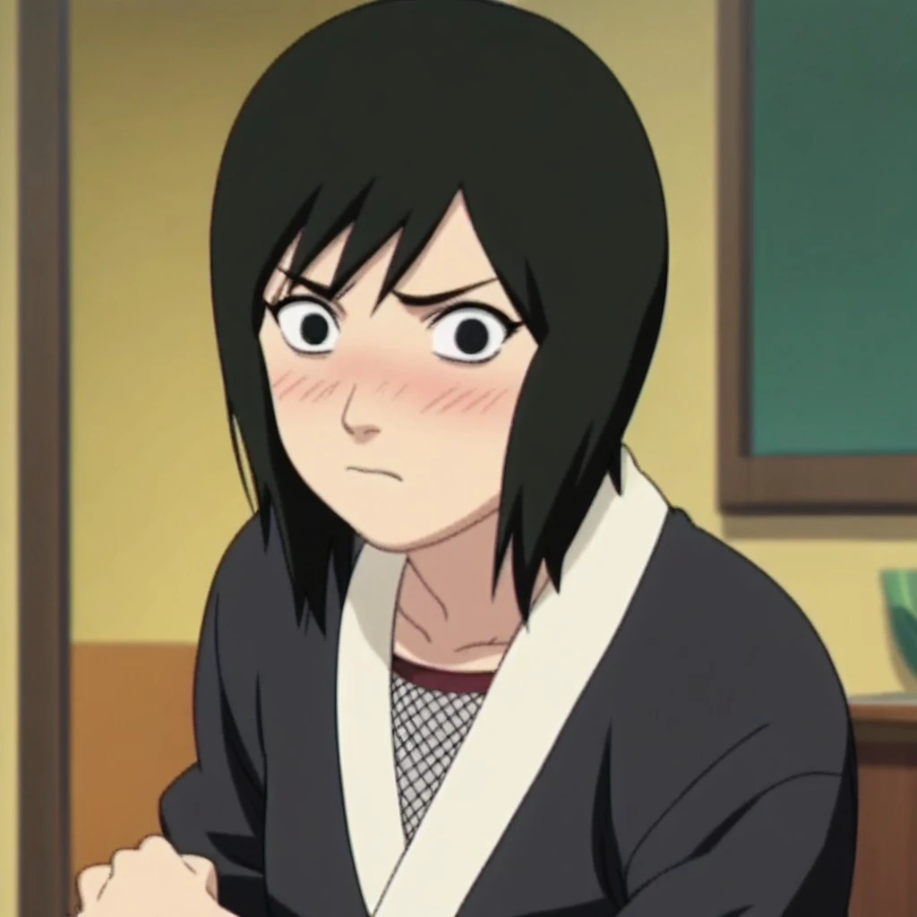 shizunescreencap, shizune, solo, 1girl, black hair, short hair, black eyes, black kimono, fishnet top, indoors, score_9, score_8_up, score_7_up, source_anime,anime screencap,
looking at viewer, shocked, blush, portrait