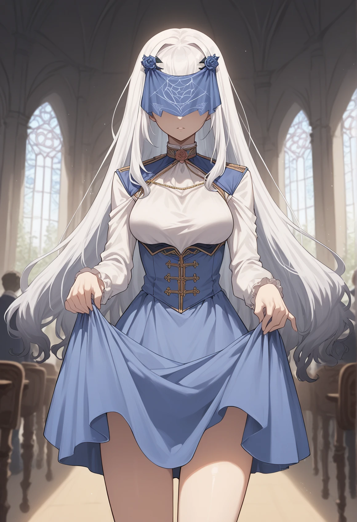 1girl, forked eyebrows, white hair, long hair, gradient hair, yellow eyes, v-shaped eyebrows,blue dress, dress, flower, white shirt, miniskirt, sideboob, veil, covered eyes, skirt hold, indoors, ballroom, cape, bare legs, rose <lora:Melusine_pony_v3:1>, score_9, score_8_up, score_7_up, score_6_up, score_5_up, score_4_up, BREAK source_anime, masterpiece