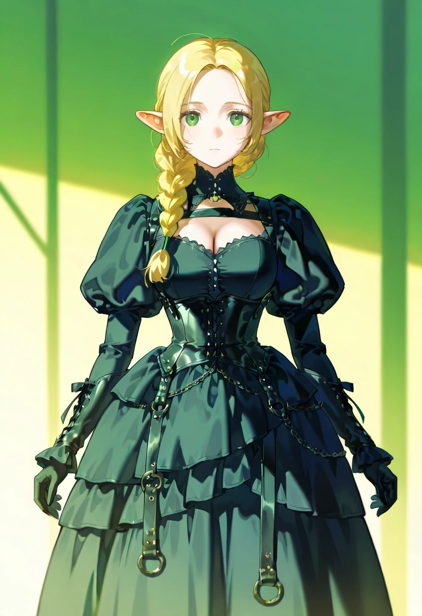 1girl,solo,looking at viewer,konya_karasue, belt dress, belt, puffy sleeves, black dress, juliet sleeves, black gloves, gothic, marcille_donato