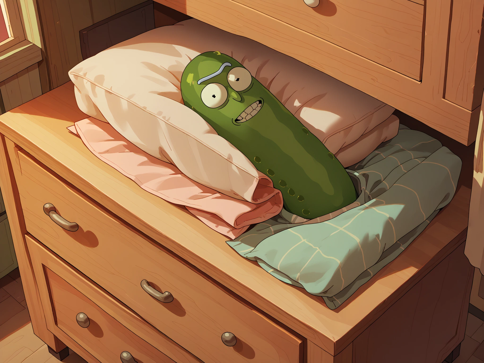 toon \(style\), score_9, score_8_up, score_7_up, score_6_up, bedroom, close-up, dresser drawer, folded clothing
 <lora:Pickle_Rick_-_Rick_and_Morty:1> picklerick, 1boy, anthro, pickle, unibrow, teeth, no arms, no legs, grin, smile, manic smile, manic eyes