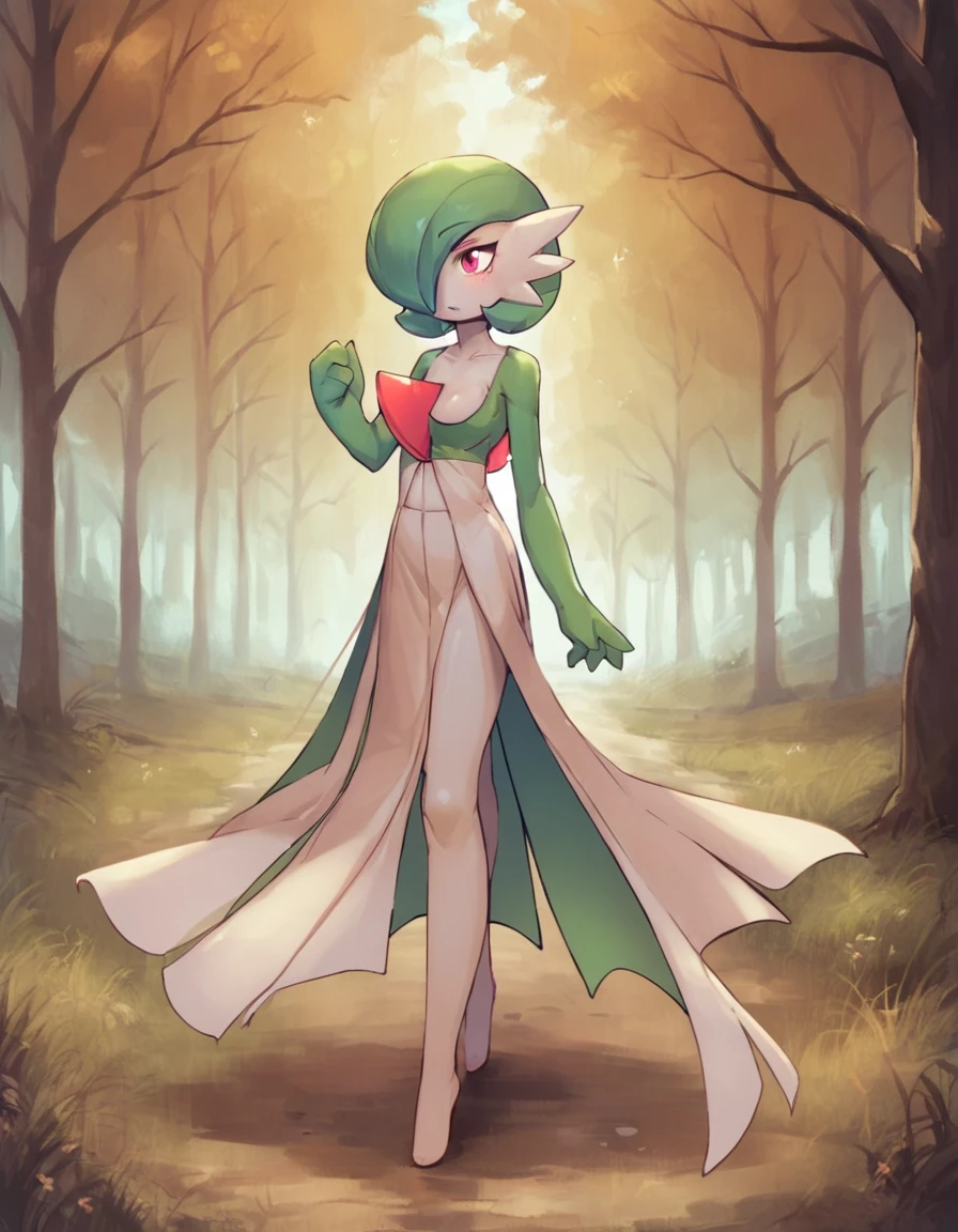 score_9, score_8_up, score_7_up, score_6_up, score_5_up, score_4_up, rating_safe, <lora:Gardevoir:1>, Gardevoir is walking through a forest during the time of autumn, she has one hand up near her face