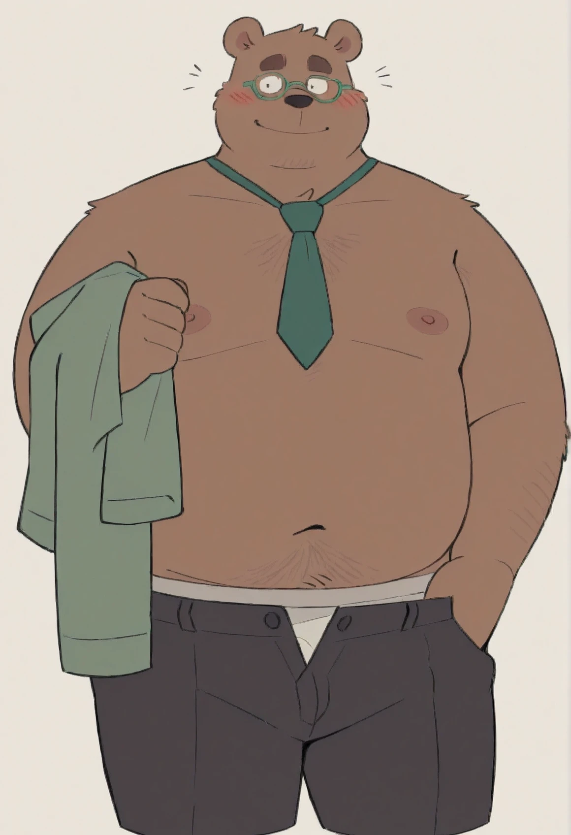 fat,plump,cute,blush,looking at viewer, Pix0w, masterpiece, best quality, amazing quality, solo, looking_at_viewer, blush, smile, short_hair, white_background, 1boy, holding, navel, animal_ears, nipples, underwear, jacket, male_focus, necktie, glasses, pants, stomach, muscular, thick_eyebrows, muscular_male, pectorals, clothes_pull, bara, furry, cropped_legs, plump, furry_male, holding_clothes, male_underwear, belly, fat, green_necktie, bear_ears, navel_hair, fat_man, unworn_jacket, green-framed_eyewear, holding_jacket, bear_boy