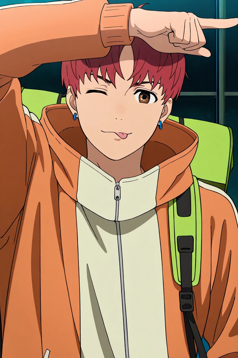 score_9, score_8_up, score_7_up, source_anime, masterpiece, best quality, amazing quality,very aesthetic,ultra-detailed,absurdres,newest, best aesthetics, perfect ???????, perfect proportions, high resolution, good colors, good shading,(detailed beautiful face and eyes), ((ultra detailed eyes)),(male focus:1.4), solo, (1boy, male), upper body,

BREAK, (enjouji_jin, red hair, brown eyes, earrings),
BREAK, ;p, one eye closed, hooded jacket, orange jacket, backpack, looking at viewer, arm up, pointing up