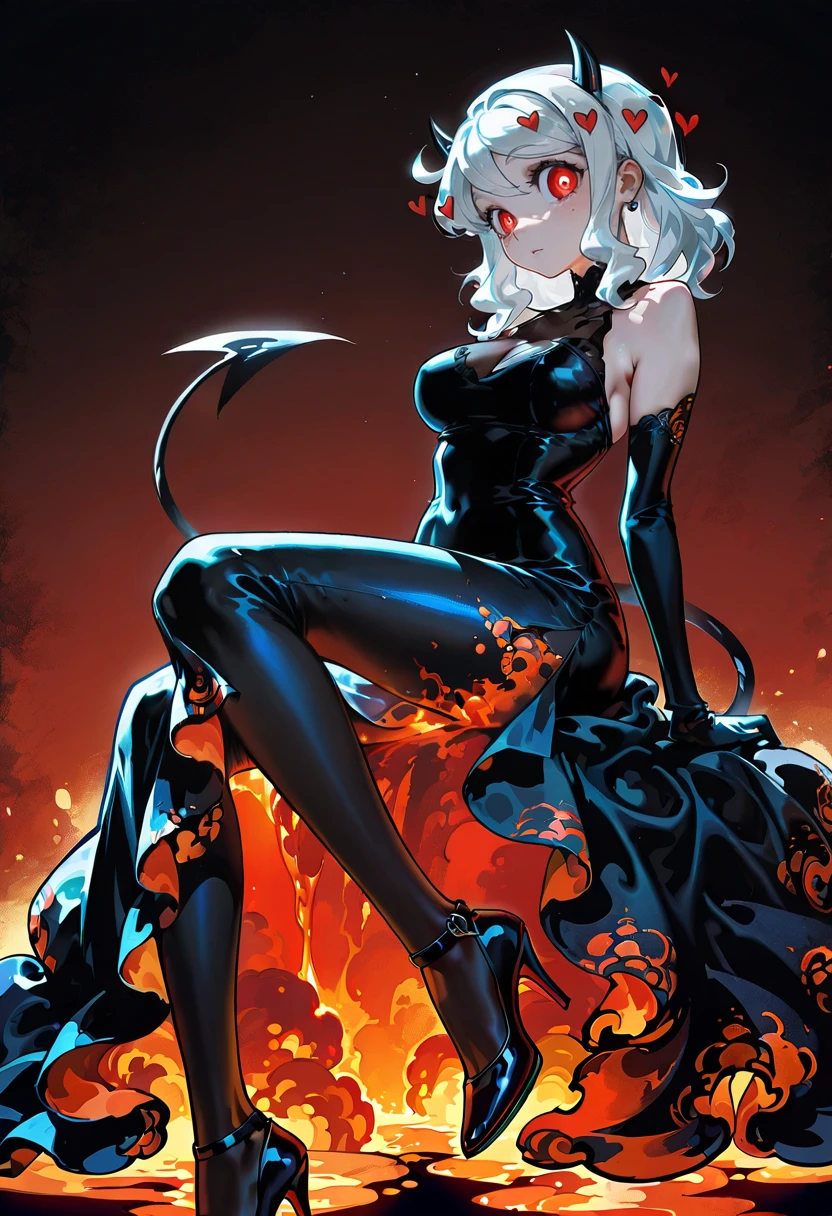 1girl,solo,looking at viewer,ikeda ruriko, lava gown, black dress, modeus_(helltaker),high heels,