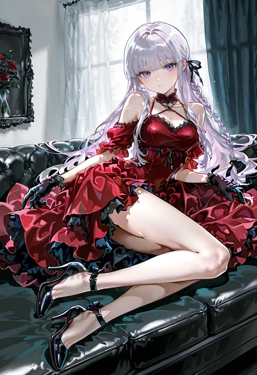 1girl,solo,looking at viewer,ikeda ruriko,red dress, bare shoulders,high heels,kirigiri_kyoko