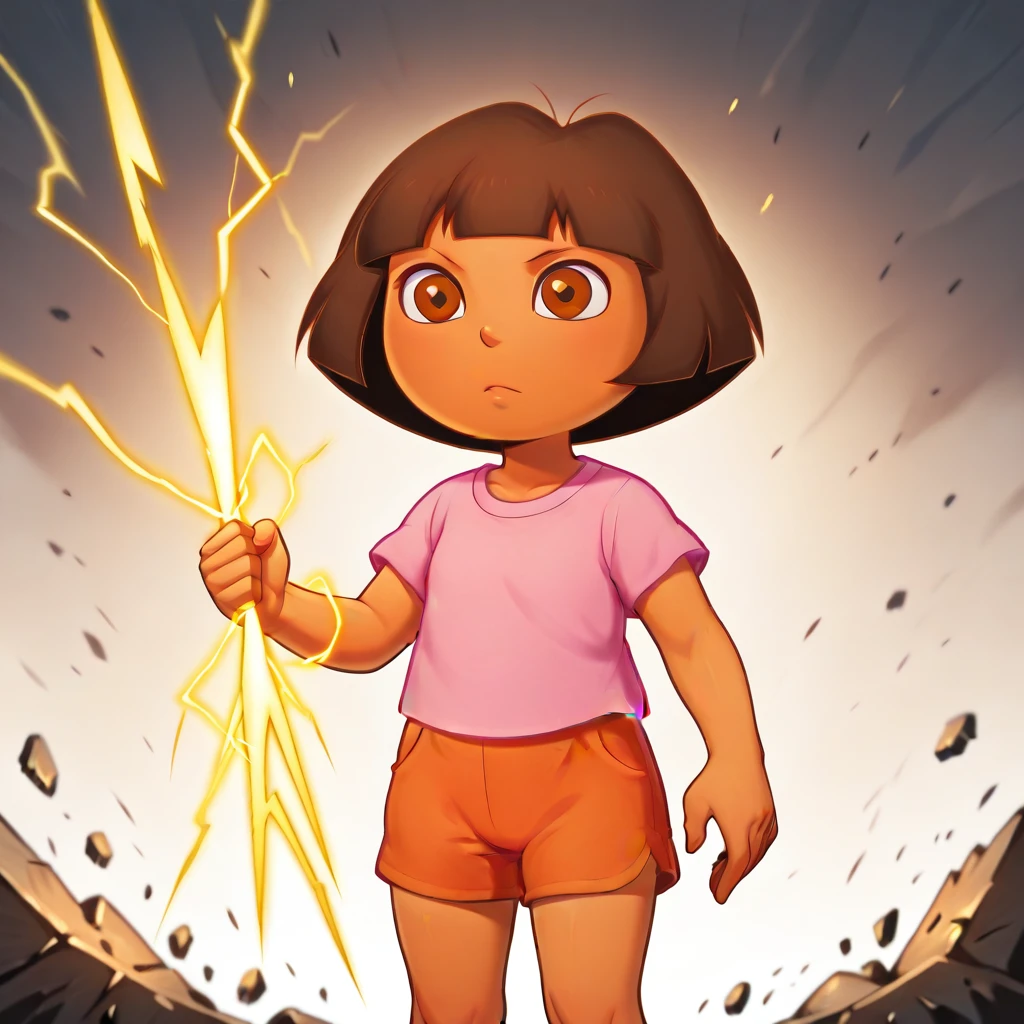 masterpiece, best quality, high quality, 1girl, solo, Dora, short hair, brown hair, brown eyes, tan, pink shirt, orange shorts, cowboy shot, <lora:DoraTheExplorer_illustrious_Leaf3:1>, HoldingZeusThunderBolt, holding lightning,  <lora:HoldingZeusThunderBolt_illustrious_Leaf2:1>, debris,