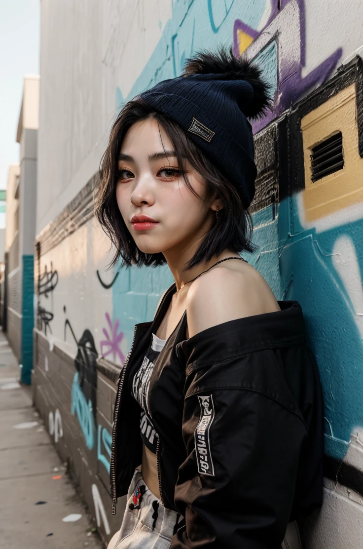 blurry background, [urban, graffiti, wall, alley, graffity on walls, cracking paiting, sunny, sky], portrait of shinryujin wearing [jacket, offshoulder jacket, beanie, baggy pants], (short hair, black hair), (looking at viewer),    <lora:Ryujin-06:0.95> <lora:add_detail:0.35>