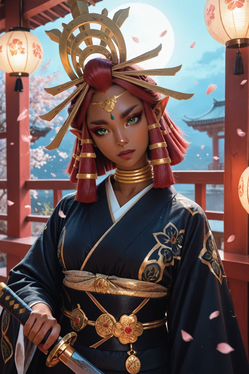 masterpiece, best quality, amazing quality, realistic, 21 year old model,   upper body, (detailed eyes, soft lips, soft skin), head tilt, romantic serious expression,  zzRiju, green eyes, red hair, pointy ears, dark skin, hair tubes, wearing a beautifully detailed kimono with red and gold patterns, holding a katana in a poised stance, cherry blossom petals swirling around her, traditional Japanese wooden bridge in the background, serene yet powerful atmosphere, her hair elegantly styled with kanzashi ornaments, glowing lanterns illuminating the scene     at night, dark fantasy, highly detailed, film grain, rim lighting looking at the viewer, curvy, beautiful detailed face, (beautiful green eyes), skin pores,  ,<lora:RijuTotK_IXL_v3:0.8>,