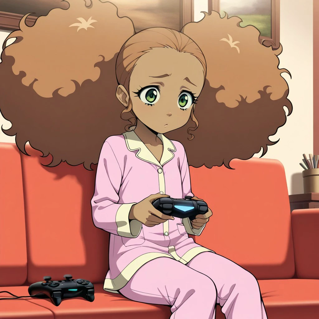 best quality, masterpiece, break, jazmine_bd, dark-skinned female, big hair, brown hair, green eyes, pajamas, sitting, sofa, game controller