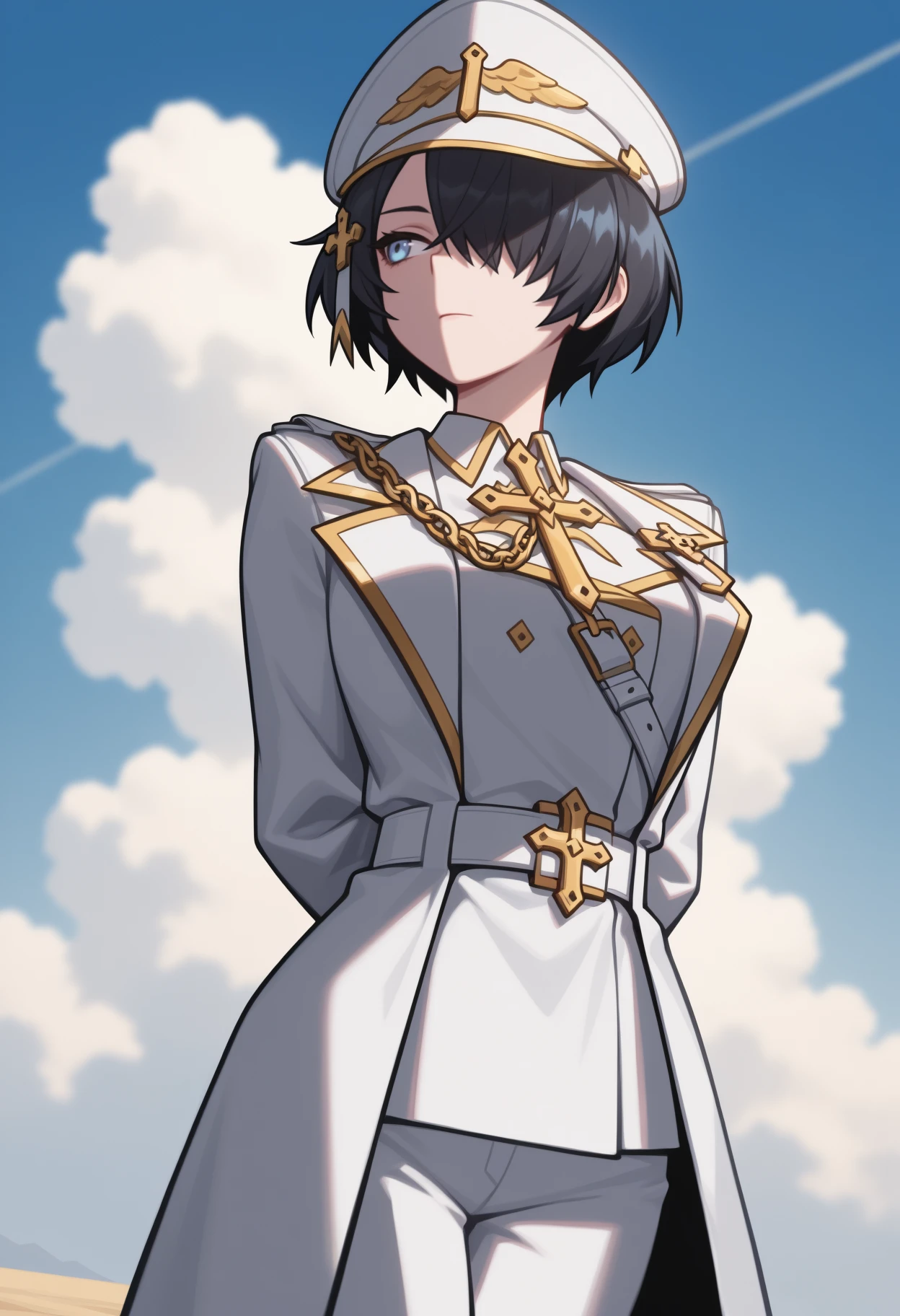 masterpiece, best quality, solo, 1girl, htagl, looking to the side, standing, arms behind back, short hair, black hair, hair over one eye, hair ornament, blue eyes, white headwear, peaked cap, gold trim, white coat, open coat, long sleeves, white jacket, white belt, shoulder belt, white shirt, collared shirt, cross, gold chain, white pants, outdoors, blue sky, cloud, heaven
<segment:yolo-Anzhc Face seg 640 v2 y8n.pt,0.4,0.5//cid=1>