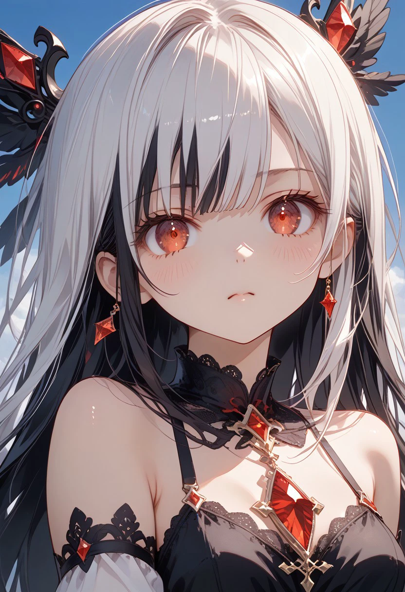 (Vizska Tachibana, perfect face, long hair, white Hair, black inner hair, multicolored black hair, expressive eyes, red eyes, red crystal eyes), perfect face, blushing, serious expression, perfect body, tall, white skin, big breasts, heaven, blue sky, daylight, wings, black wings, black dress, bare shoulders, flying, covered own mouth, The lighting creates dramatic shadows and highlights, adding depth to the artwork, The perspective is taken from the front so that the character's situation is more visible, (masterpiece, detailed:1.2), (High Resolution), (More Details), (8K), (High Resolution), Aesthetic style, (glitter), soft anime, intricate colors, vibrant colors, color detail, ((Anime illustration)), ((Incarnate detail)), ((Masterpiece)), ((Highest quality)), easynegative,