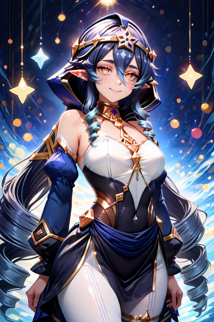 masterpiece, best quality, solo, curvy, beautiful eyes,,<lora:LaylaGenshinIXL_v2:1.0>, zzLayla, yellow eyes, hair between eyes, blue hair, drill hair, long hair, pointy ears, bare shoulders, drill locks, hood, detached sleeves, long sleeves, hood up, jewelry, blue hood, white pantyhose, cowboy shot, hand on hip, smug, smile, looking at viewer, shiny skin,<lora:RealisticAnimeIXL_v2:1.0>, shiny skin, bokeh, luminescent background,