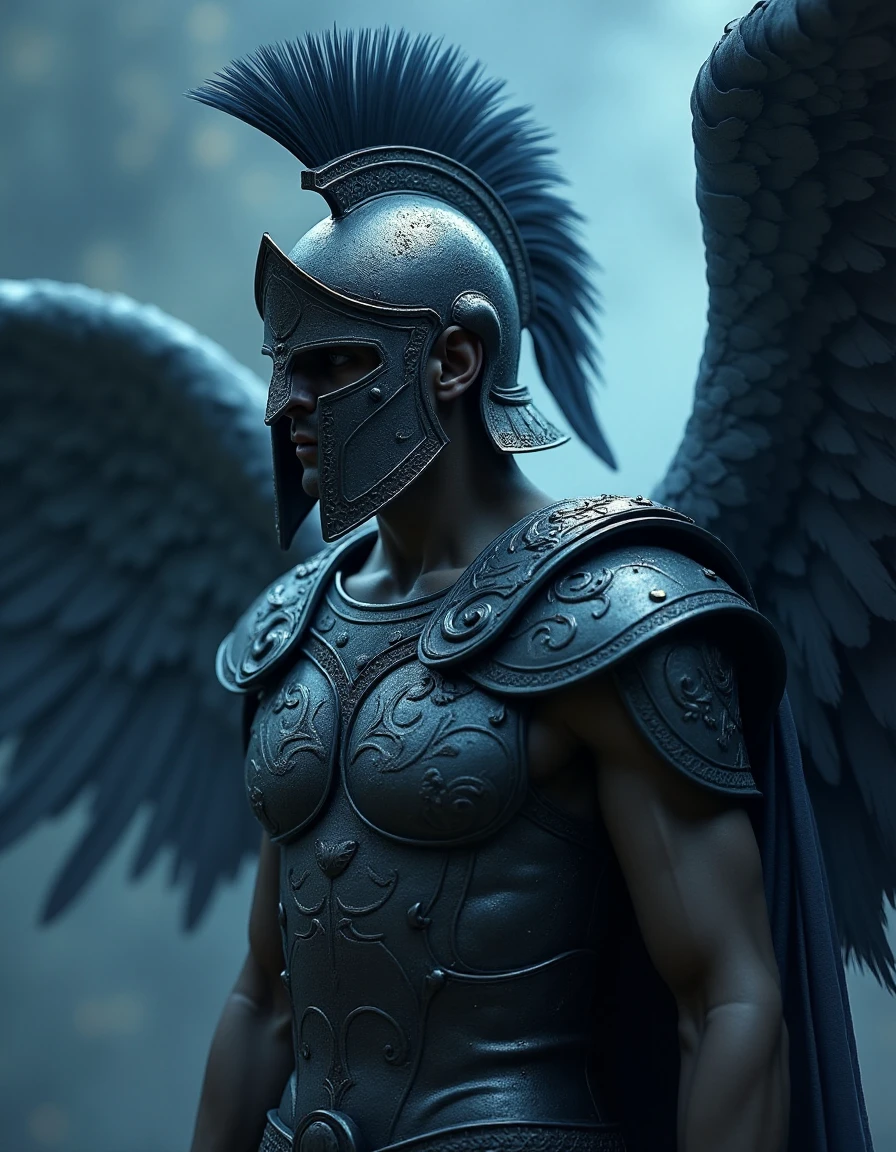 DarkDisciple, detailed digital artwork of an ethereal, fantasy-inspired angel warrior. The subject is a man wearing greek armor, His face is cast in shadow by a greek spartan helmet, His armor is adorned with intricate, swirling patterns. He has 4 large feathered wings coming out of his back, the feathers intricately detailed with fine lines and textures that suggest a sense of depth and movement. The image is dark, atmospheric and moody and has a blue color cast.