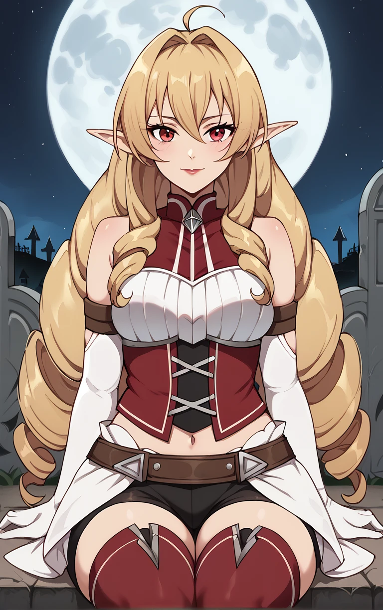 score_9, score_8_up, score_7_up, BREAK 
MainOutfit_ElinaliseDragonroad_ownwaifu, 
1girl, big hair, blonde hair, breasts, drill hair, elf, hair between eyes, long hair, makeup, pointy ears, red eyes, red lips, bangs, hair intakes, medium breasts, braid, lipstick, 
black shorts, brown belt, detached sleeves, open skirt, red corset, red pantyhose, sleeveless turtleneck, thigh boots, turtleneck, white skirt, bare shoulders, midriff, navel, shorts, armor, gloves, thighhighs, short shorts, bike shorts, pantyhose, red thighhighs, sleeveless, white dress, belt, elbow gloves, long sleeves, skirt, white shirt, 
(sitting, full moon), graveyard, grave, tombstone, moonlight, <lora:PONYXL_MushokuTensei_ElinaliseDragonroad_ownwaifu:0.8> , depth of field, solo,