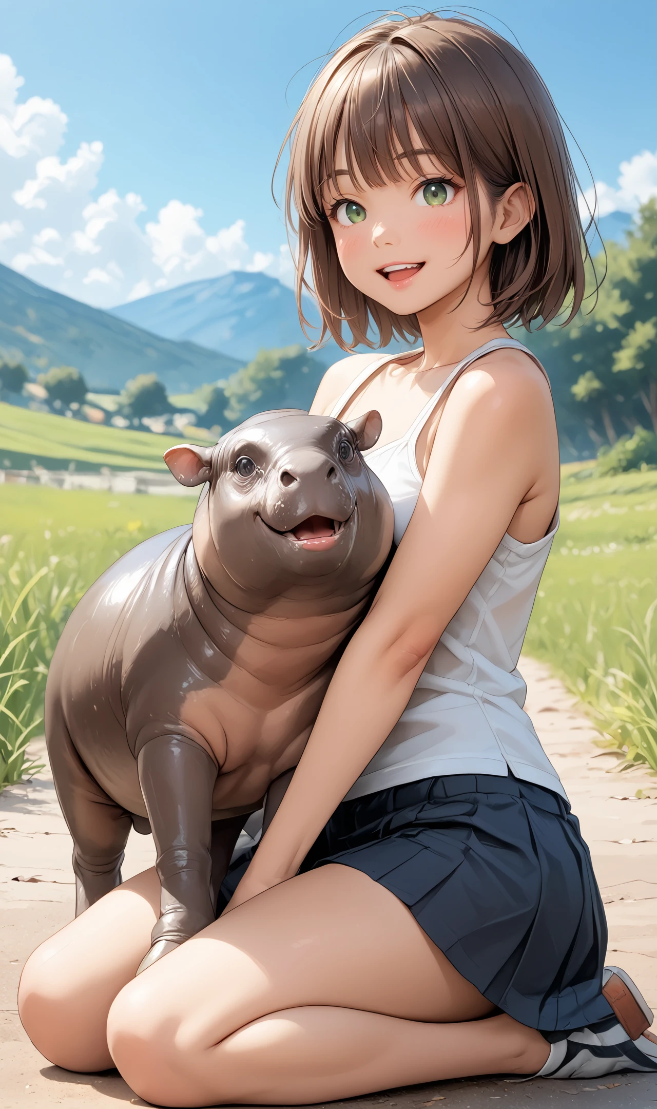 score_9, score_8_up, score_7_up, score_6_up,  
novel illustration,  lineart, cartoon, flat cartoon, watercolor, chibi,
<lora:p3tl0v3XLP:1.2> p3tl0v3, 1girl, smile, kneeling, hugging  hippo,  <lora:Pony_BTT_MOODENG_v01:1.0>moodeng, chuppy, hippo, hippopotamus,  (open mouth:1.4), 
Green fields in the background with mountains. sky, cloudy sky, 
<lora:LCMTurboMix_Euler_A_fix:1>   <lora:Pony_BTT_THARUNEE_v01:0.6> <lora:IL_BTT_MOODENG_v01:0.5>