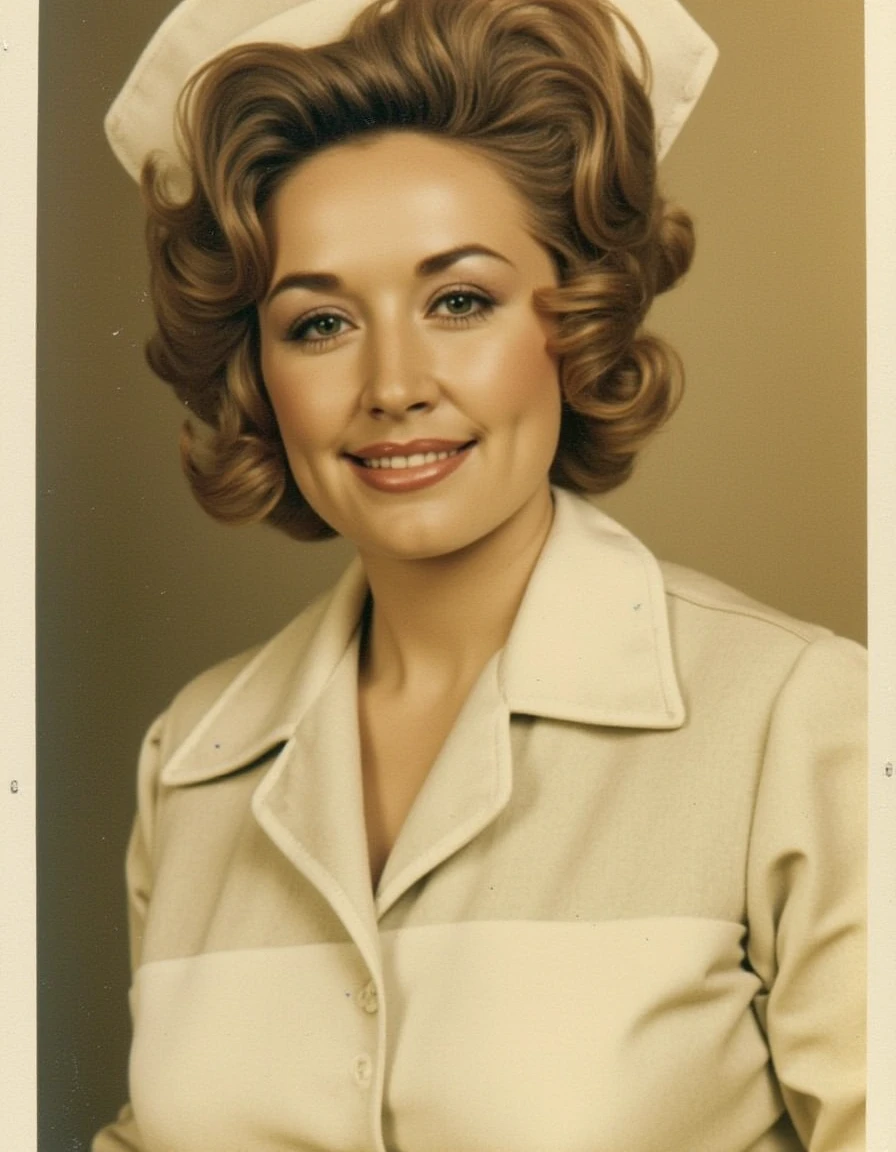 <lora:dolly-parton-flux:1> woman dressed as a nurse from the 1950s old polaroid faded yellowing