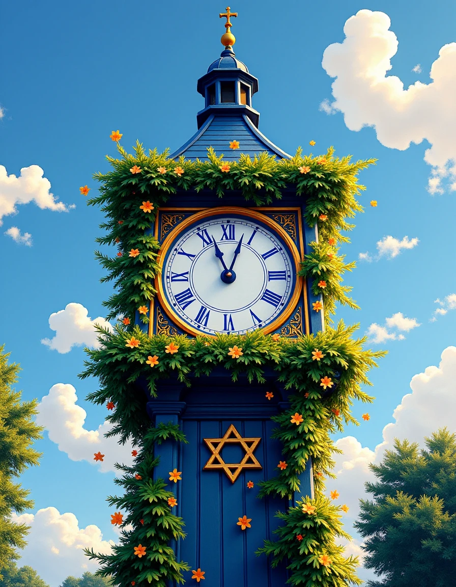 <lora:hanukkahcolors:1> hanukkahcolors, clock tower with vines and flowers growing on it