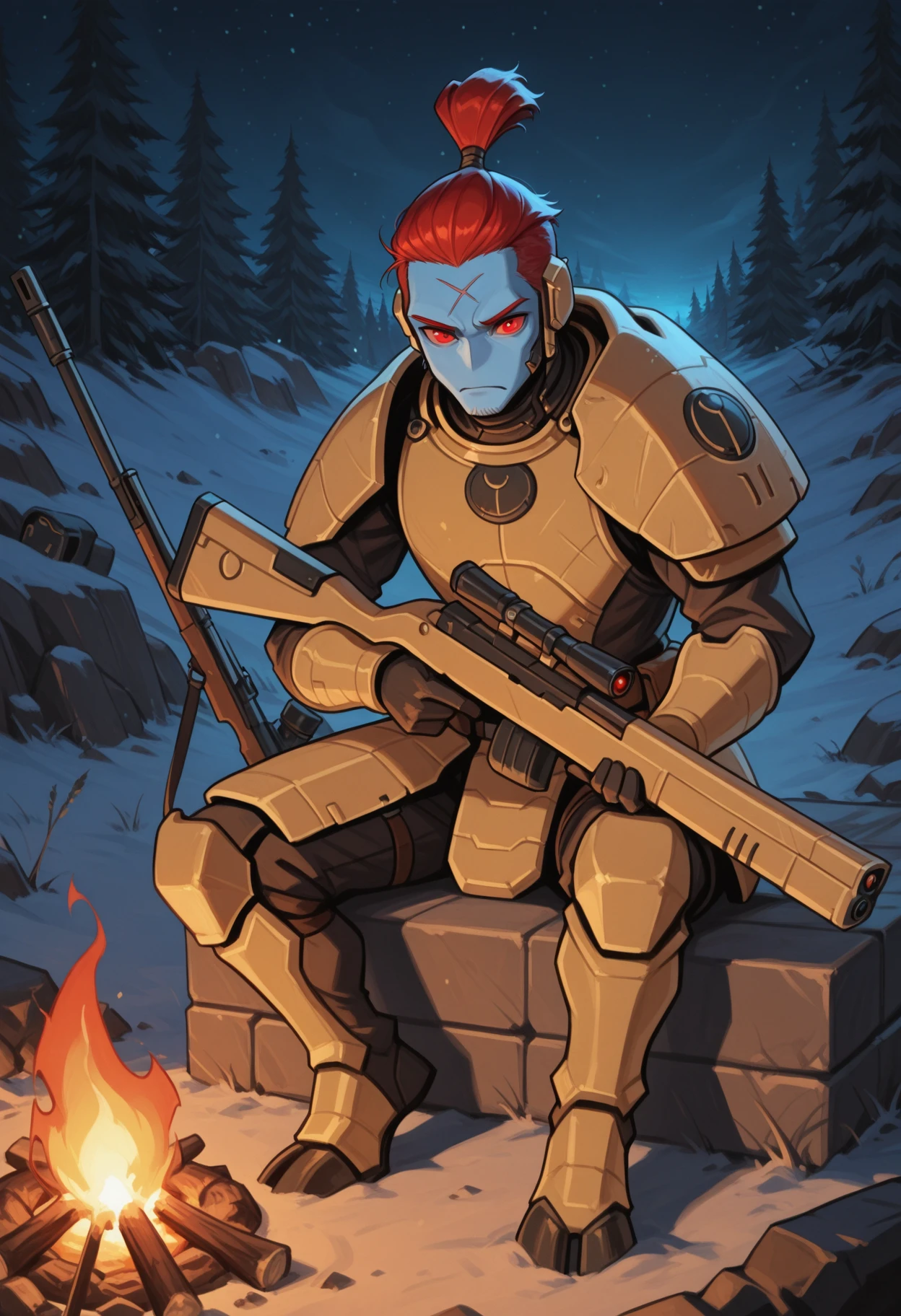 <lora:tau-il:1> tau-il
outdoors, snowy
1boy, blue skin, red eyes, red hair, topknot, armor, solo, rifle, sitting, campfire, masterpiece, best quality, dark, night, night time, dim lighting