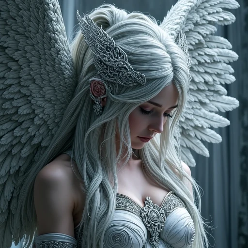 DarkDisciple, An ethereal fantasy-inspired Angel. The subject is a woman with long, flowing silver hair with intricate detailing that cascades down her back and shoulders, adorned with intricate, swirling patterns. Her eyes are closed giving a contemplative or sorrowful expression. She has large, feathered wings extending from her back, the feathers intricately detailed with fine lines and textures that suggest a sense of depth and movement.