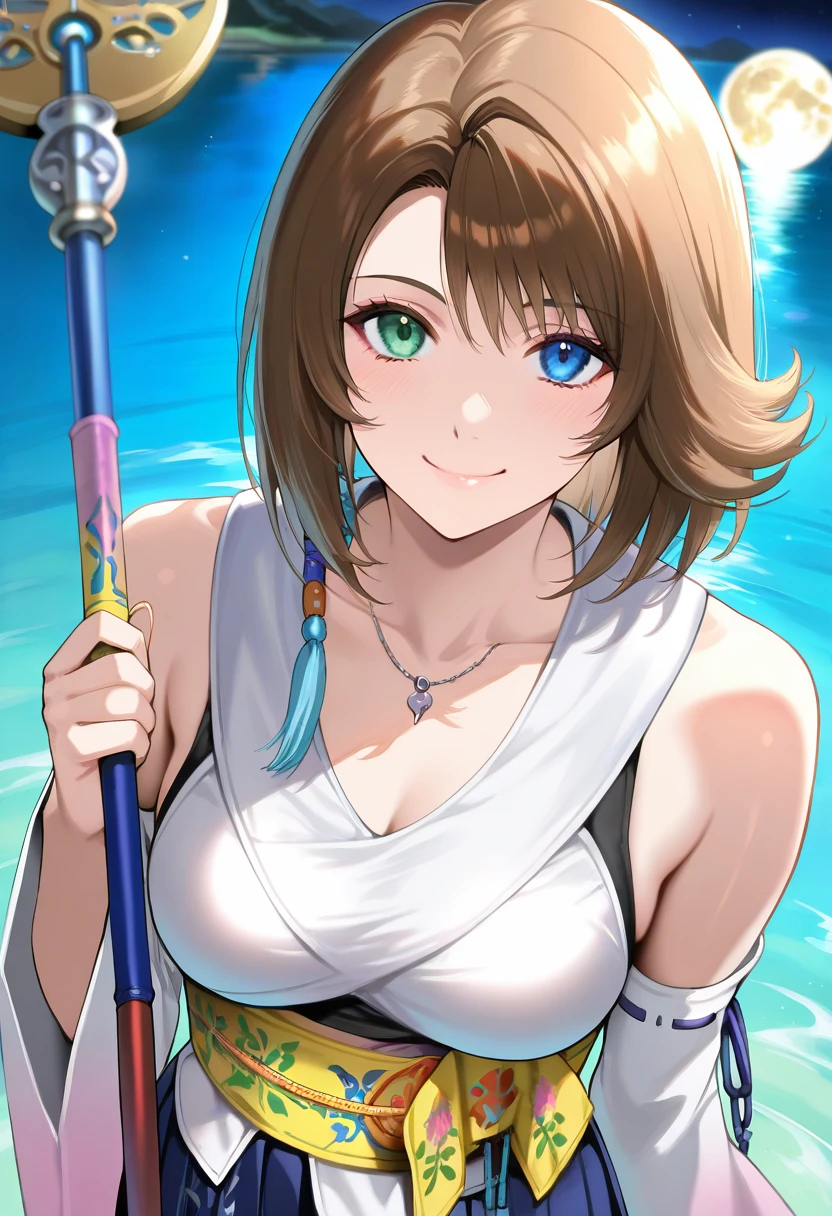 masterpiece, best quality, newest, absurdres, highres, <lora:YunaFFXIllustrious:1>,  FFXYNDF, brown hair, heterochromia, blue eyes, green eyes, japanese clothes, detached sleeves, wide sleeves,  hakama skirt, jewelry, staff, smile, moon, lake, half-submerged, looking at viewer, breasts, close-up,