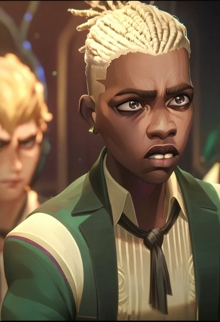 score_9, score_8_up, score_7_up, score_6_up,  
3kk0,ekko,ekko /(league of legends arcane/), short hair, bangs, blonde hair, shirt, 1boy, brown eyes, jewelry, jacket, white shirt, upper body, male focus, earrings, parted lips, open clothes, necktie, teeth, solo focus, alternate costume, striped, collared shirt, indoors, dark skin, blurry, vest, open jacket, blurry background, formal, dark-skinned male, black necktie, green jacket, green shirt, official alternate hairstyle, green vest ,/(league of legends arcane/)