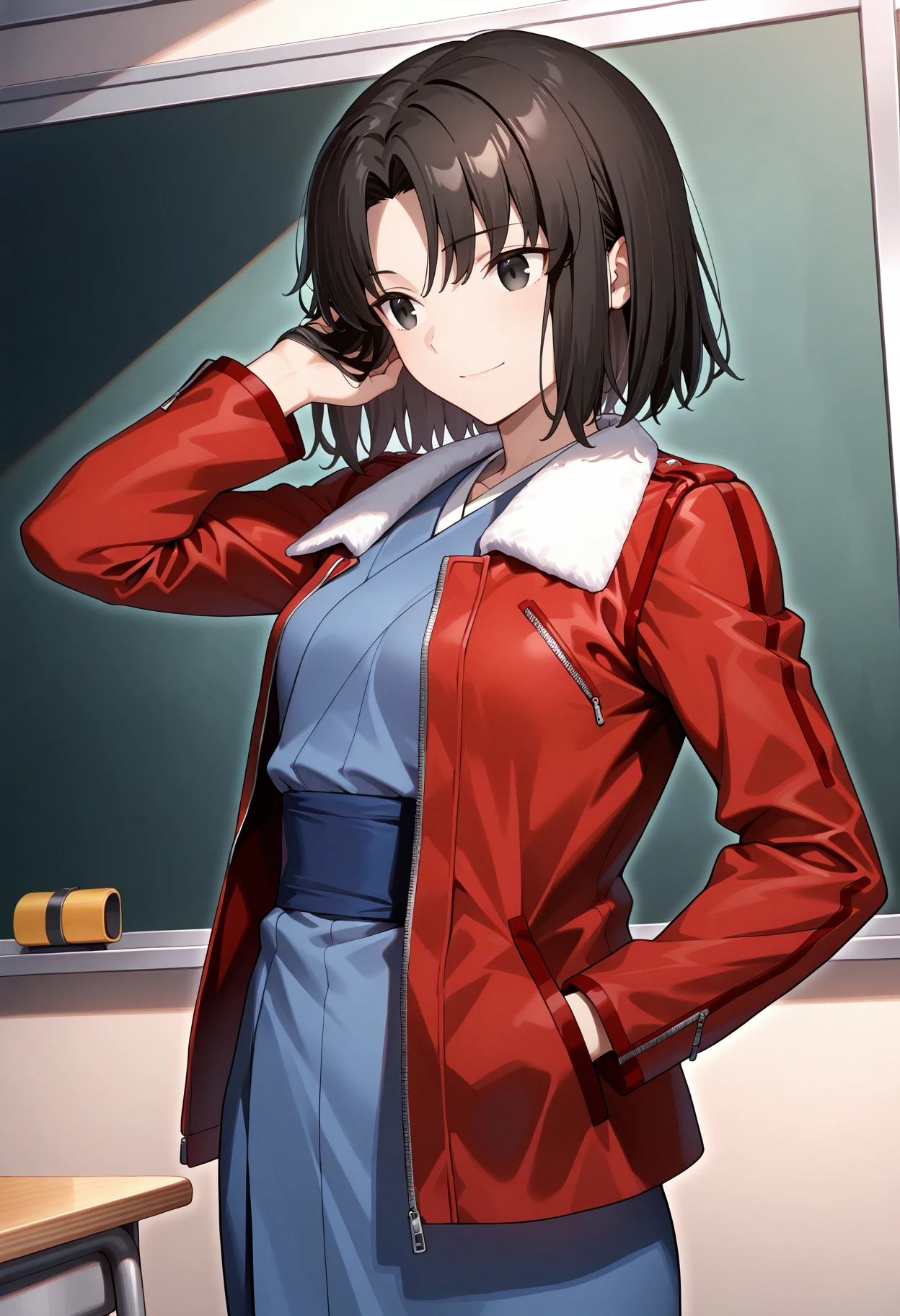 masterpiece,best quality, r_shiki, 1girl, solo, short hair, parted bangs, black hair ,black eyes,red fur-trimmed jacket,blue kimono, japanese clothes,sash,long sleeves, small breasts, light smile, hand in pocket, hand in hair, standing, cowboy shot,classroom, dutch angle,  <lora:r_shiki2_IL-000009:0.9>