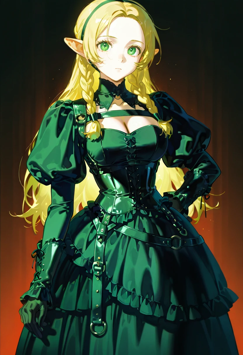 1girl,solo,looking at viewer,konya_karasue, belt dress, puffy sleeves, black dress, juliet sleeves, black gloves, gothic, marcille_donato