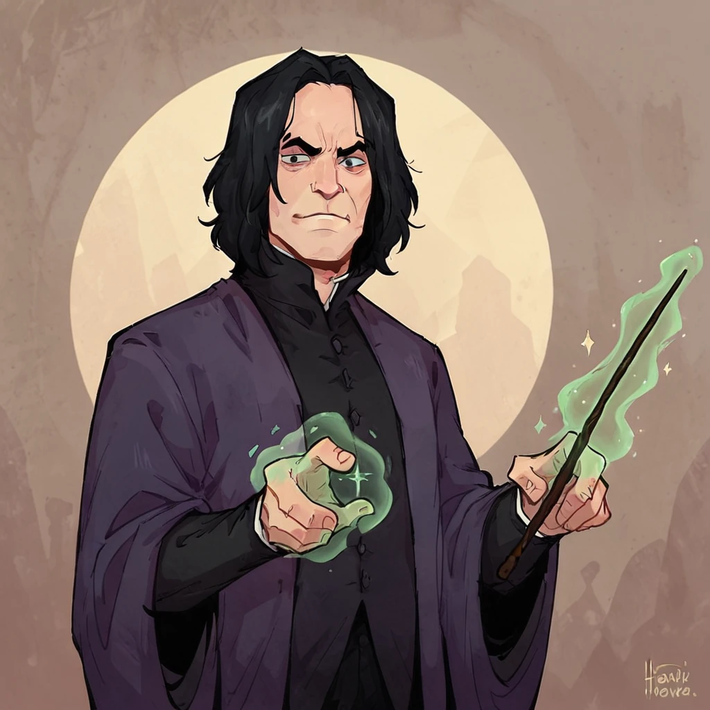 severus_snape,black hair,hooked nose, solo, holding wand, green magic, school