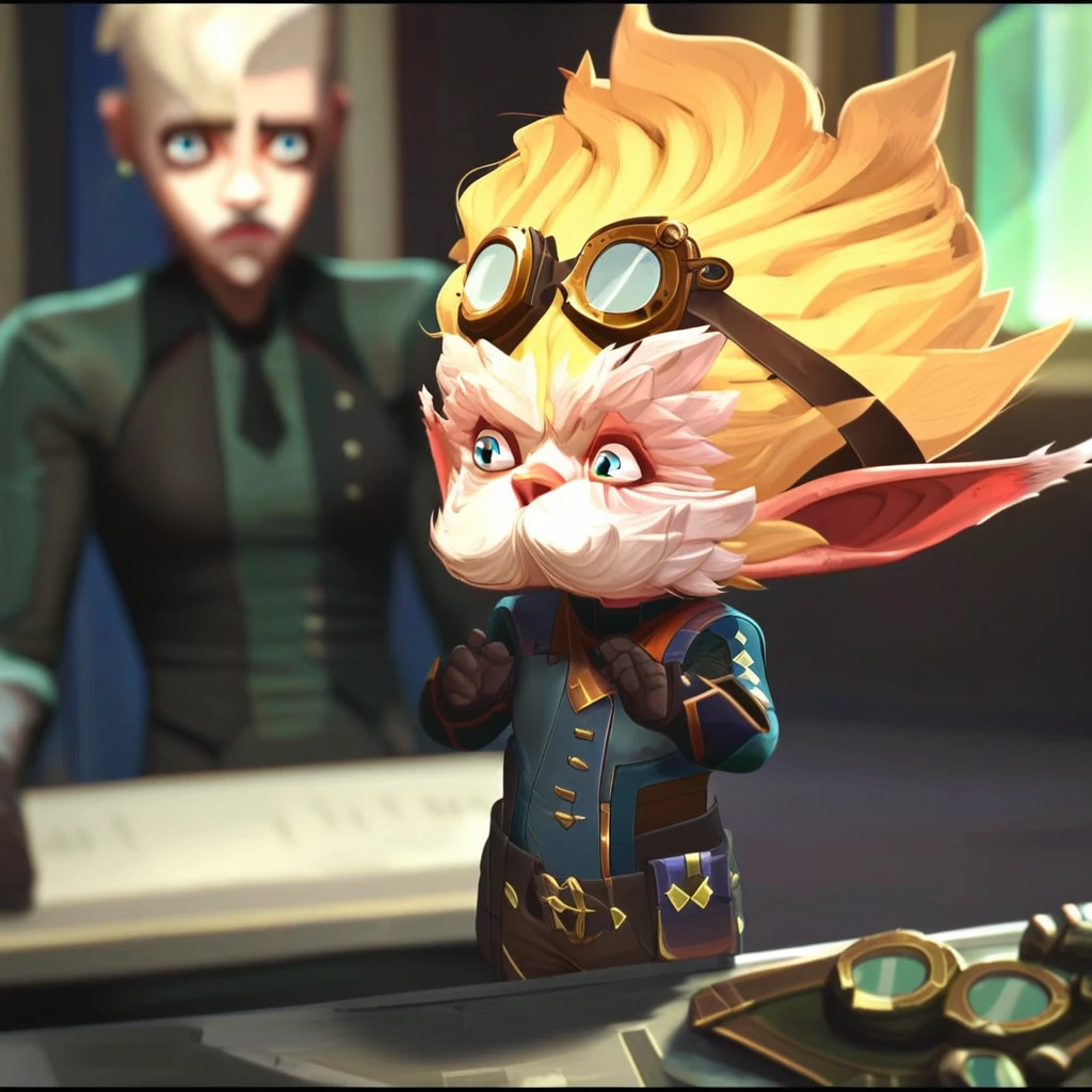 h31m3rd1ng3r ,Heimerdinger ,Heimerdinger /(league of legends arcane/), short hair, bangs, blue eyes, blonde hair, shirt, gloves, long sleeves, 1boy, jacket, white hair, male focus, earrings, multiple boys, necktie, solo focus, pointy ears, black gloves, collared shirt, indoors, 2boys, blurry, black jacket, hands up, blurry background, facial hair, goggles, black necktie, beard, brown gloves, goggles on head, mustache, yordle ,/(league of legends arcane/)