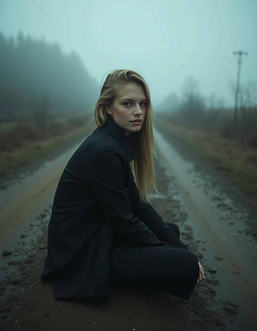 Moody photo of a fashion model sitting on the edge of a worn, backwoods dirt road, looking at the camera with an introspective expression, overcast sky, muted colors, and atmospheric fog surrounding her, realistic, detailed. <lora:nadine_leopoid_dev_f1_k:1>