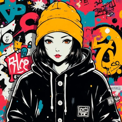 Create a vibrant, stylized digital drawing with elements of graffiti art. It features a *********** girl with pale skin and dark hair styled in a bob cut. She wears a bright yellow beanie hat with a small black square logo on the front, and a black hoodie with the hood up, obscuring her face except for her striking, almond-shaped eyes and slightly parted lips. The hoodie's texture is rendered with bold, exaggerated lines, giving it a cartoonish, almost anime-inspired appearance. The background is a mix of vibrant graffiti tags, bold shapes, and colorful doodles, creating a lively and energetic atmosphere. The dominant colors are shades of red, orange, yellow, blue, and green, enhancing the dynamic and urban feel of the artwork.