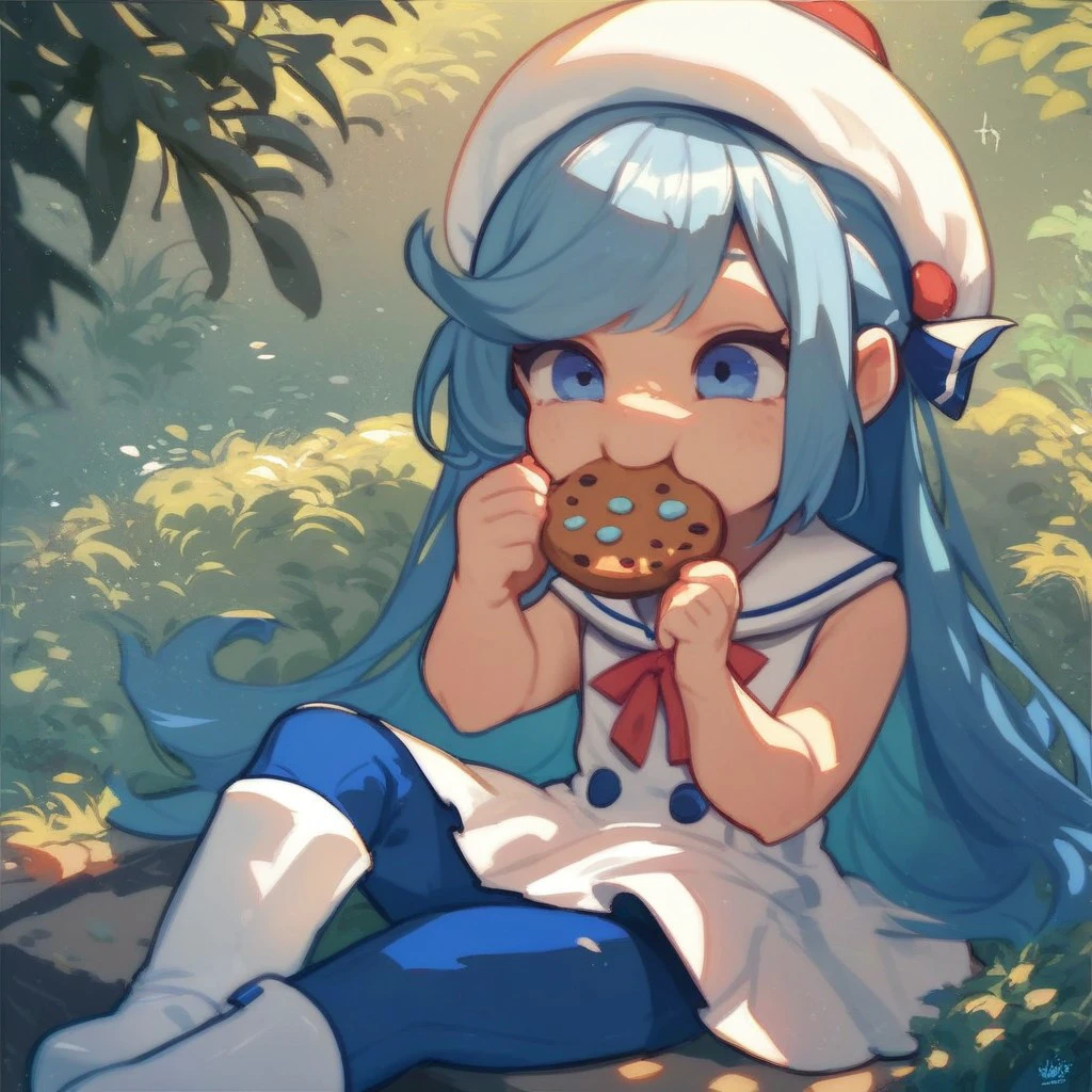 score_9, score_8_up, score_7_up, score_6_up, score_5_up, score_4_up, creamsoda, blue hair, blue eyes, white hat, uniform, blue pants, white boots, sitting, cookie, eating, sleeveless